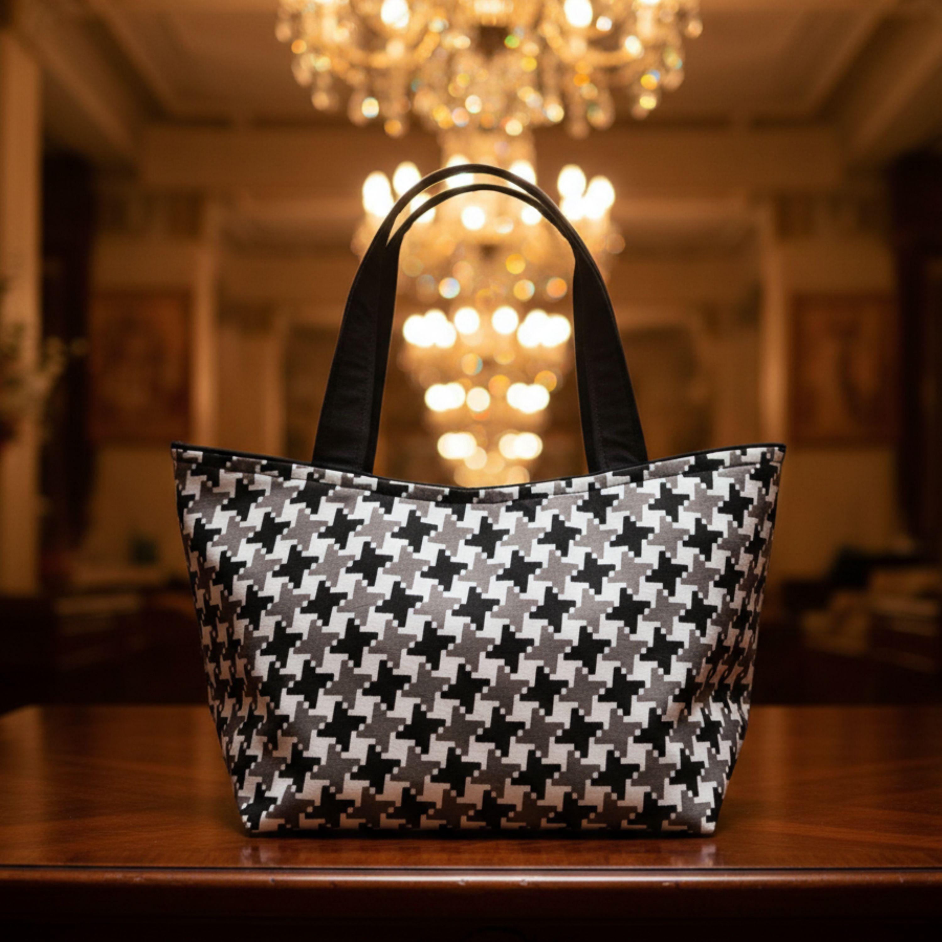 Old Money Tote – Schwarz, Grau & Hahnentritt