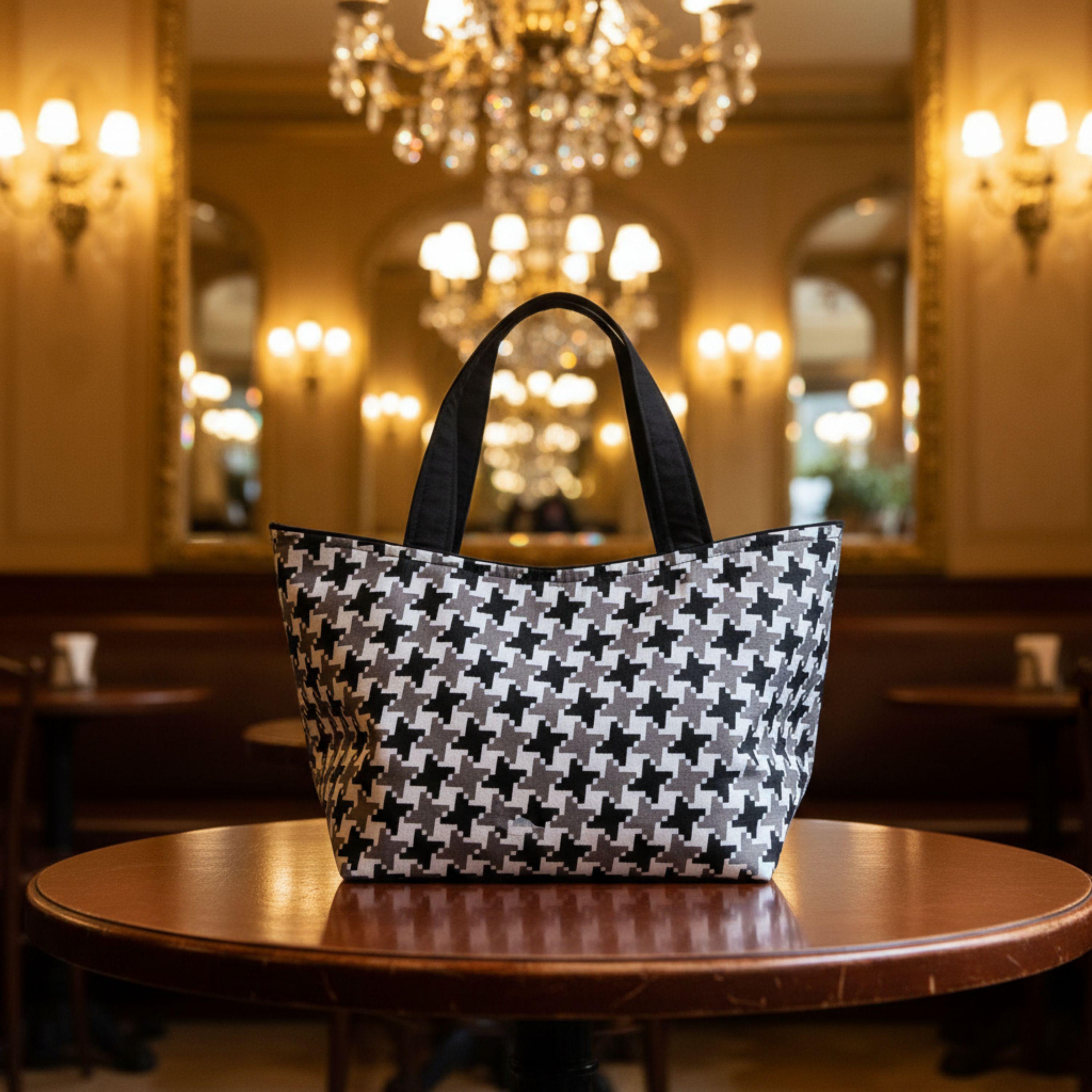 Old Money Tote – Schwarz, Grau & Hahnentritt